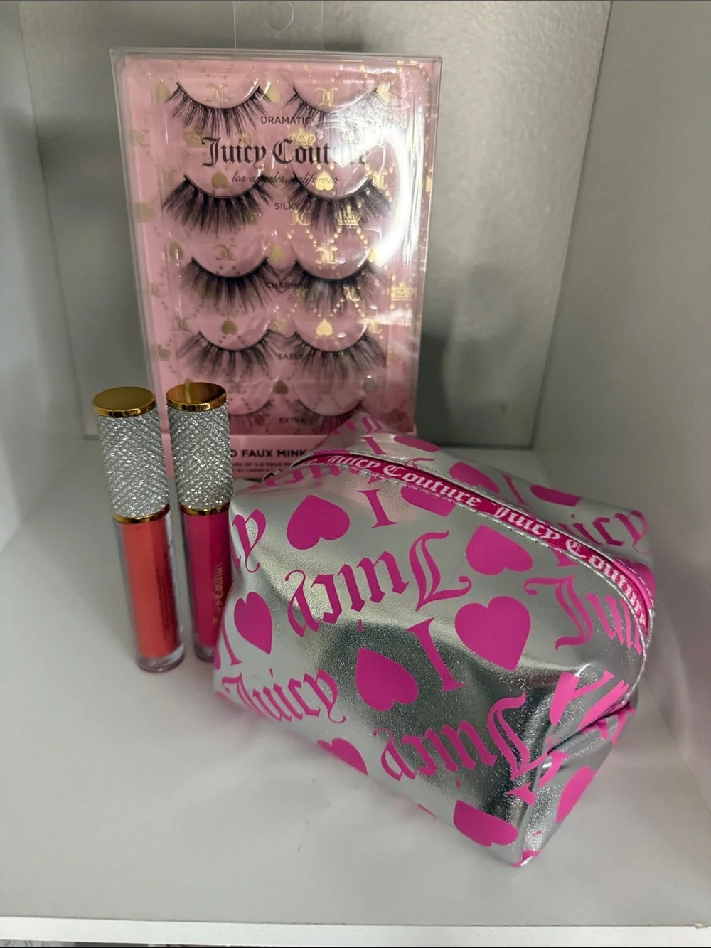 S Juicy Couture Silver Pink Cosmetic Pouch, Lip Glosses & Juicy Lashes
